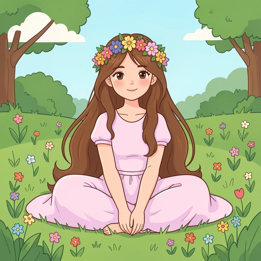 A young woman with a flower crown sitting in a green meadow.