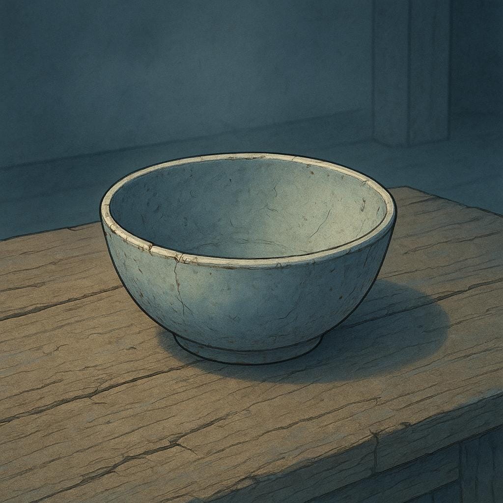 A worn, empty ceramic bowl sitting on a rough, cracked wooden table, symbolizing extreme lack of resources.