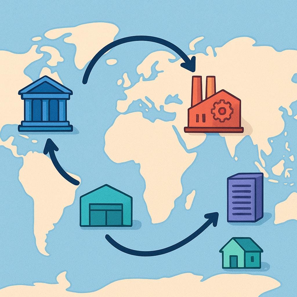 A simplified storybook illustration of a world map showing interconnected buildings representing global finance and trade.