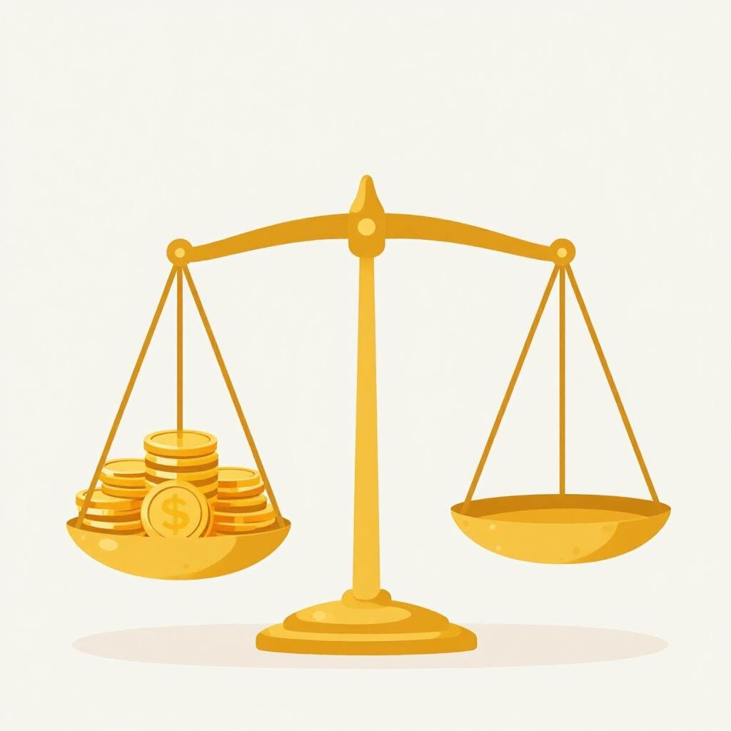 A simple balance scale where one side is heavily weighted down with a stack of gold coins while the other side is empty and high in the air.