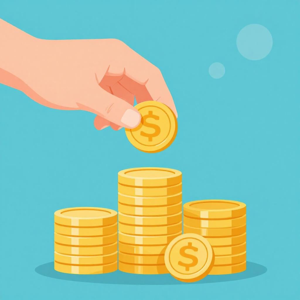 A hand removing a single gold coin from a tall stack of gold coins on a plain background.