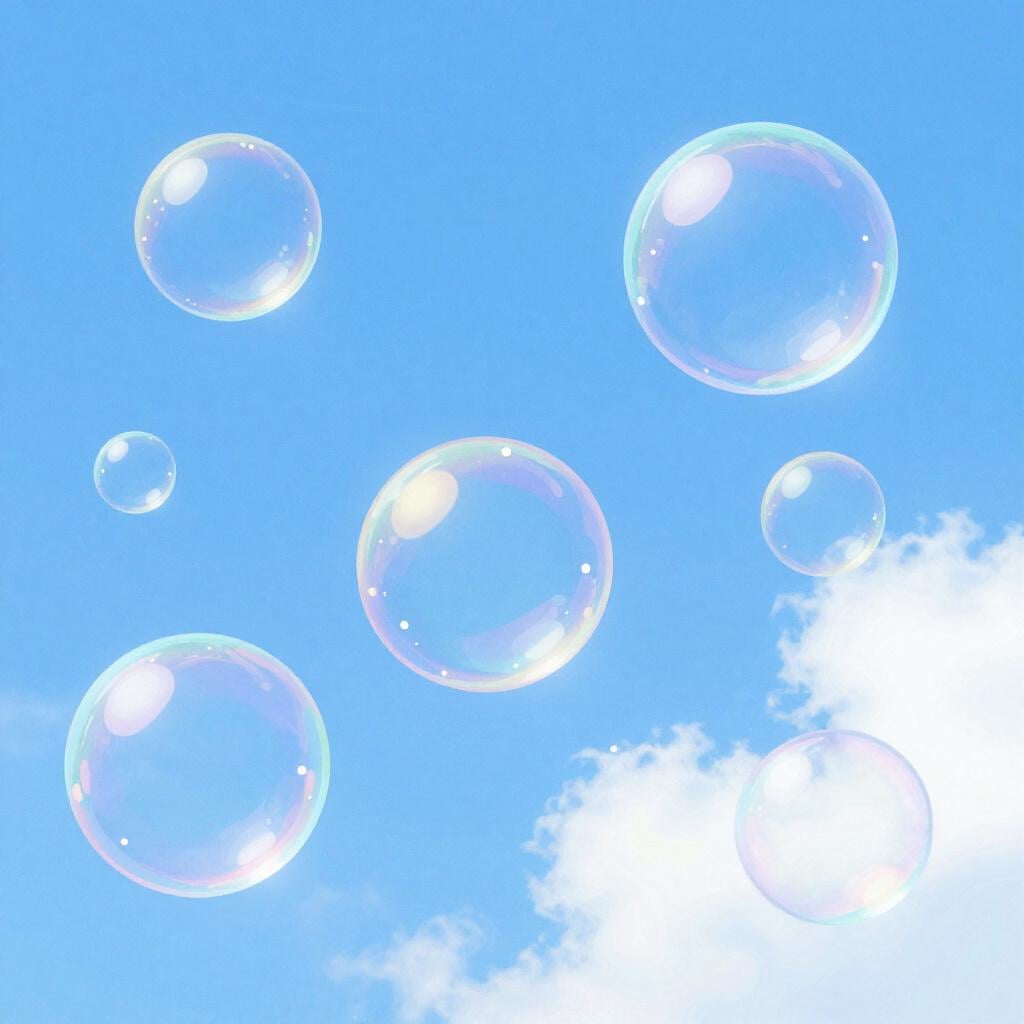 A cluster of iridescent soap bubbles floating in the air against a clear blue sky.