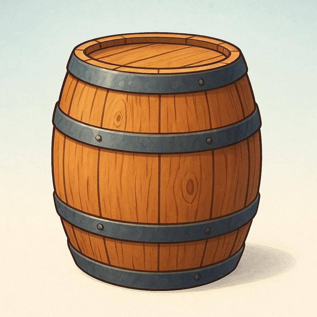 A large, stout, brown wooden barrel secured with silver metal hoops, resting on a plain background.