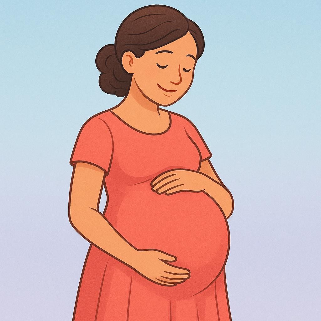 A visibly pregnant woman, smiling and seen from the waist up, gently cradling her large, round abdomen with both hands.