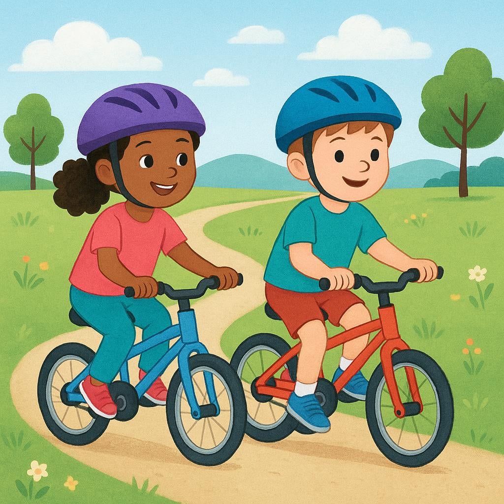 Two children riding small bicycles side-by-side on a sunny path, demonstrating a shared skill.