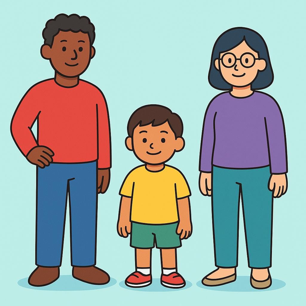 A simple colorful illustration showing three distinct, diverse individuals (one tall, one short, one wearing glasses) standing next to each other, symbolizing the concept of 'any person who'.
