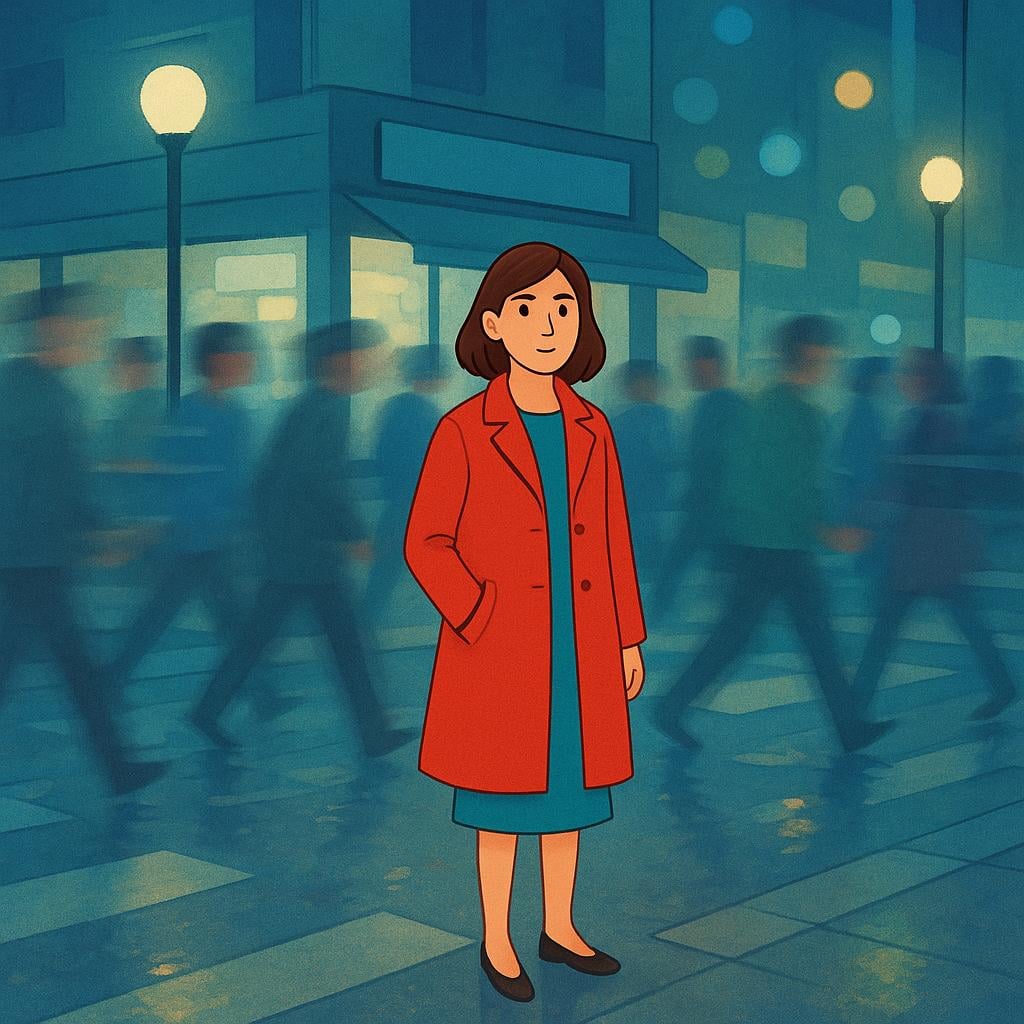 A highly visible woman standing alone on a busy, brightly lit street corner, surrounded by many passing people, emphasizing the archaic meaning of 'public woman'.