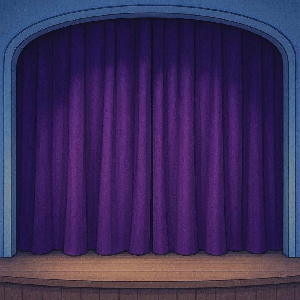 A pair of heavy, deep purple stage curtains are shown completely closed and slightly overlapping, indicating the show is over.
