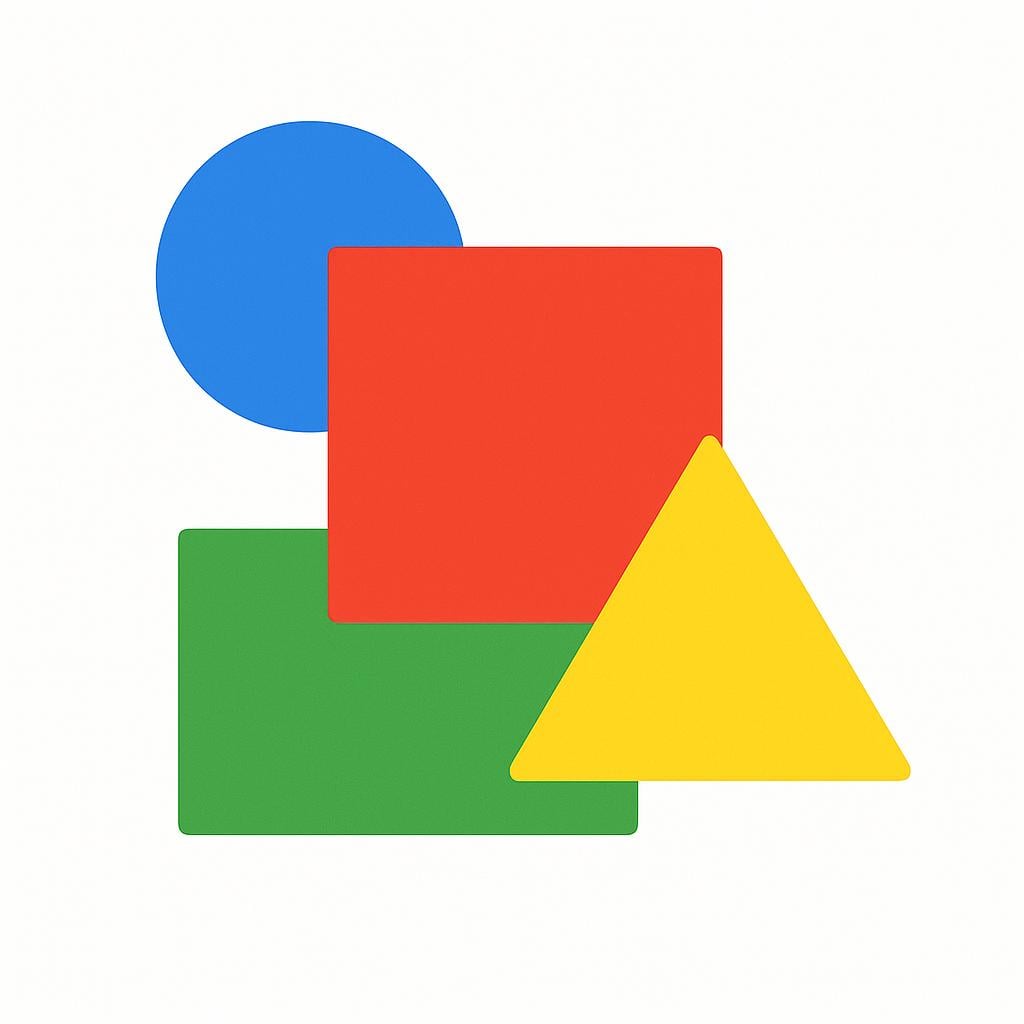 A high-contrast illustration showing basic geometric shapes: a red square, blue circle, yellow triangle, and green rectangle, slightly overlapping.