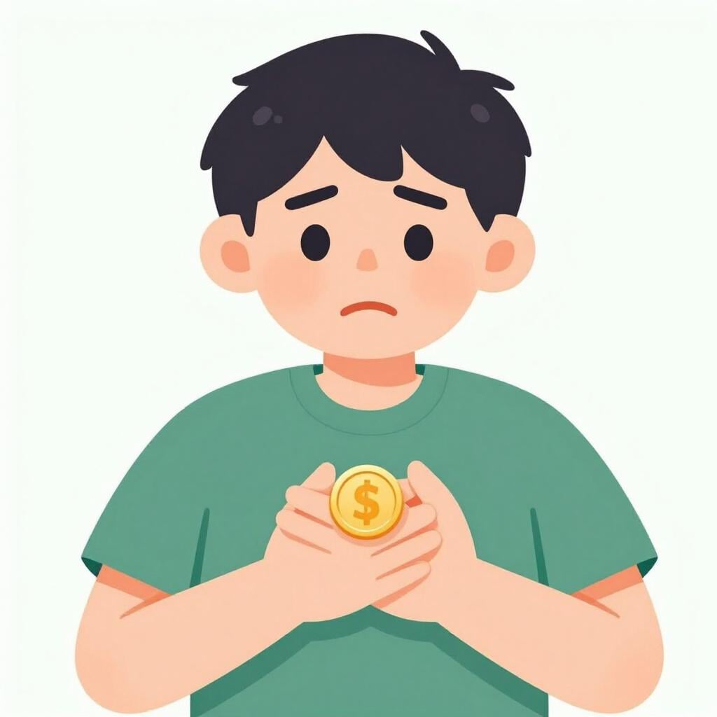 A character holding a single coin very tightly to their chest with both hands.