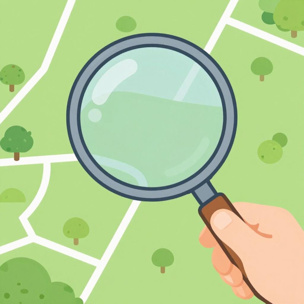 A magnifying glass hovering over a map of a park.