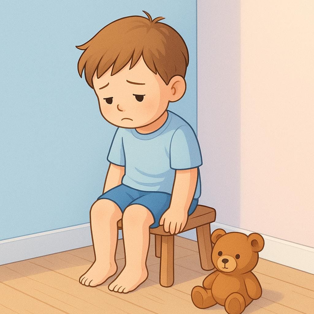 A small child sitting quietly on a wooden stool in the corner, illustrating a time-out punishment.