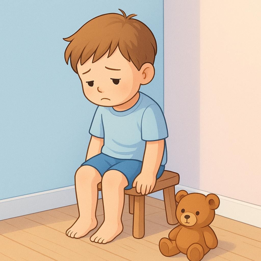 A small child sitting quietly on a wooden stool in the corner, illustrating a time-out punishment.