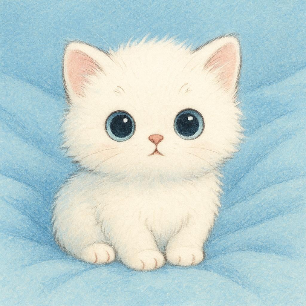 A tiny, fluffy white kitten sitting on a soft blue blanket with large, innocent eyes.