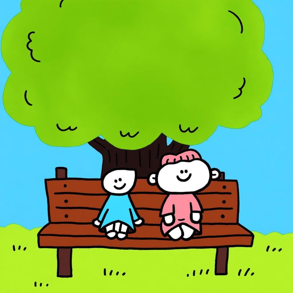 Two friendly characters sitting side-by-side on a wooden park bench, illustrating a past location or state.