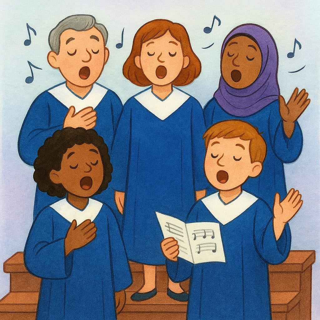 A group of five diverse people standing on risers, dressed uniformly, singing from open mouths, representing a choir.
