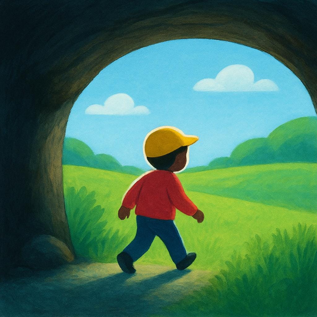 A small figure emerging from the darkness of a low, narrow tunnel into bright daylight and green grass.