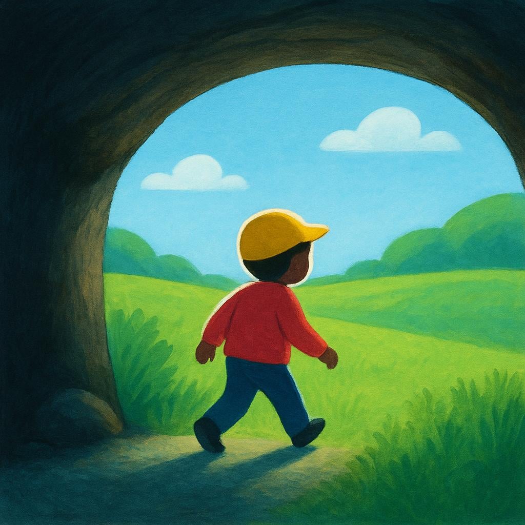 A small figure emerging from the darkness of a low, narrow tunnel into bright daylight and green grass.