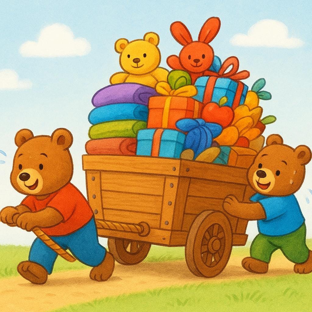 Twee vriendelijke tekenbeer werken samen om een grote rode kar gevuld met kleurrijk fruit te verplaatsen. Eén beer trekt aan het handvat en de ander duwt de achterkant, wat gezamenlijke inspanning illustreert.