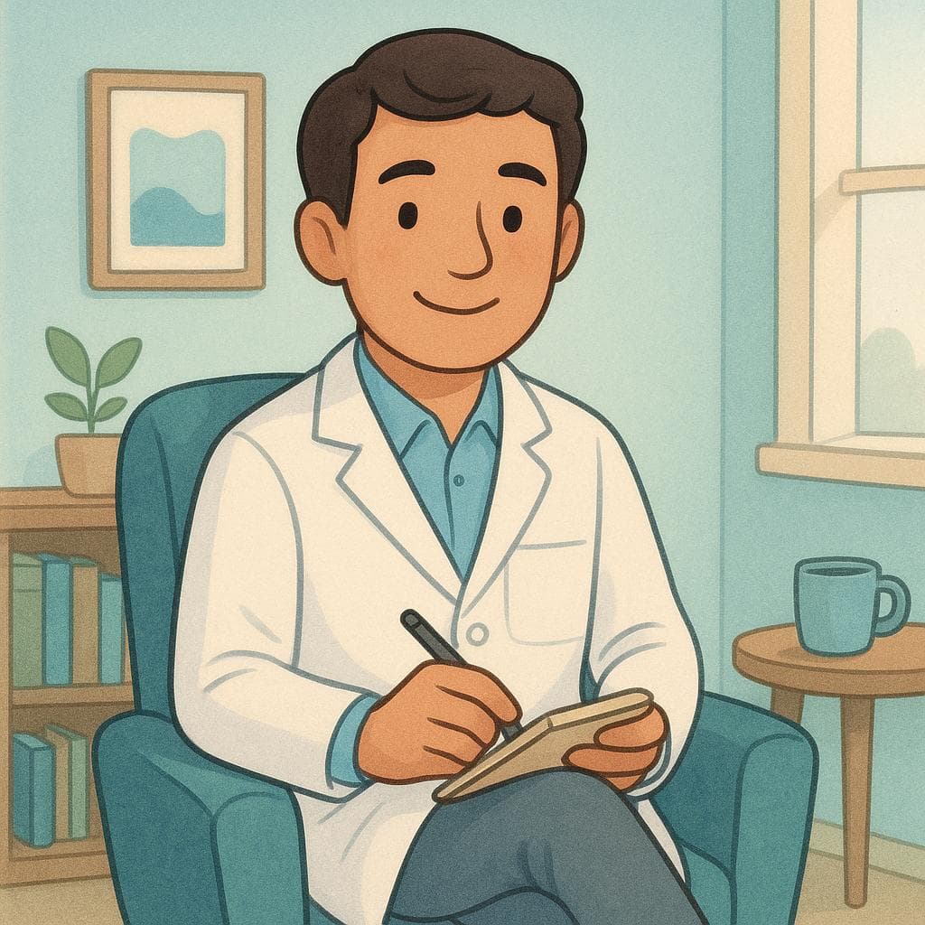 Um profissional gentil, um psiquiatra, sentado em uma poltrona confortável em um escritório ensolarado e calmo. O psiquiatra veste um jaleco branco e segura um pequeno bloco de notas e caneta, sinalizando uma sessão terapêutica.