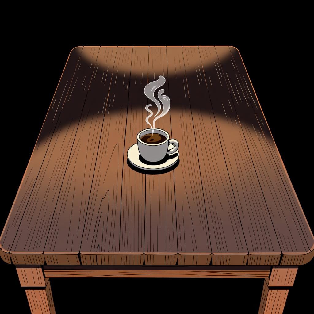 A single coffee cup on a large table, symbolizing the concept of 'only' or 'just' one thing.