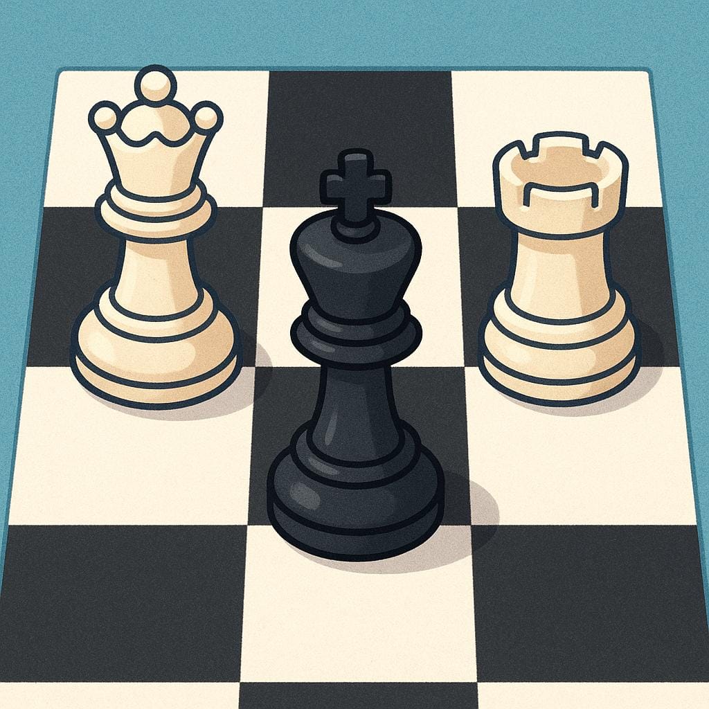 A black King chess piece trapped on a black and white chessboard, surrounded by opposing white pieces (a Queen and a Rook), signifying checkmate.