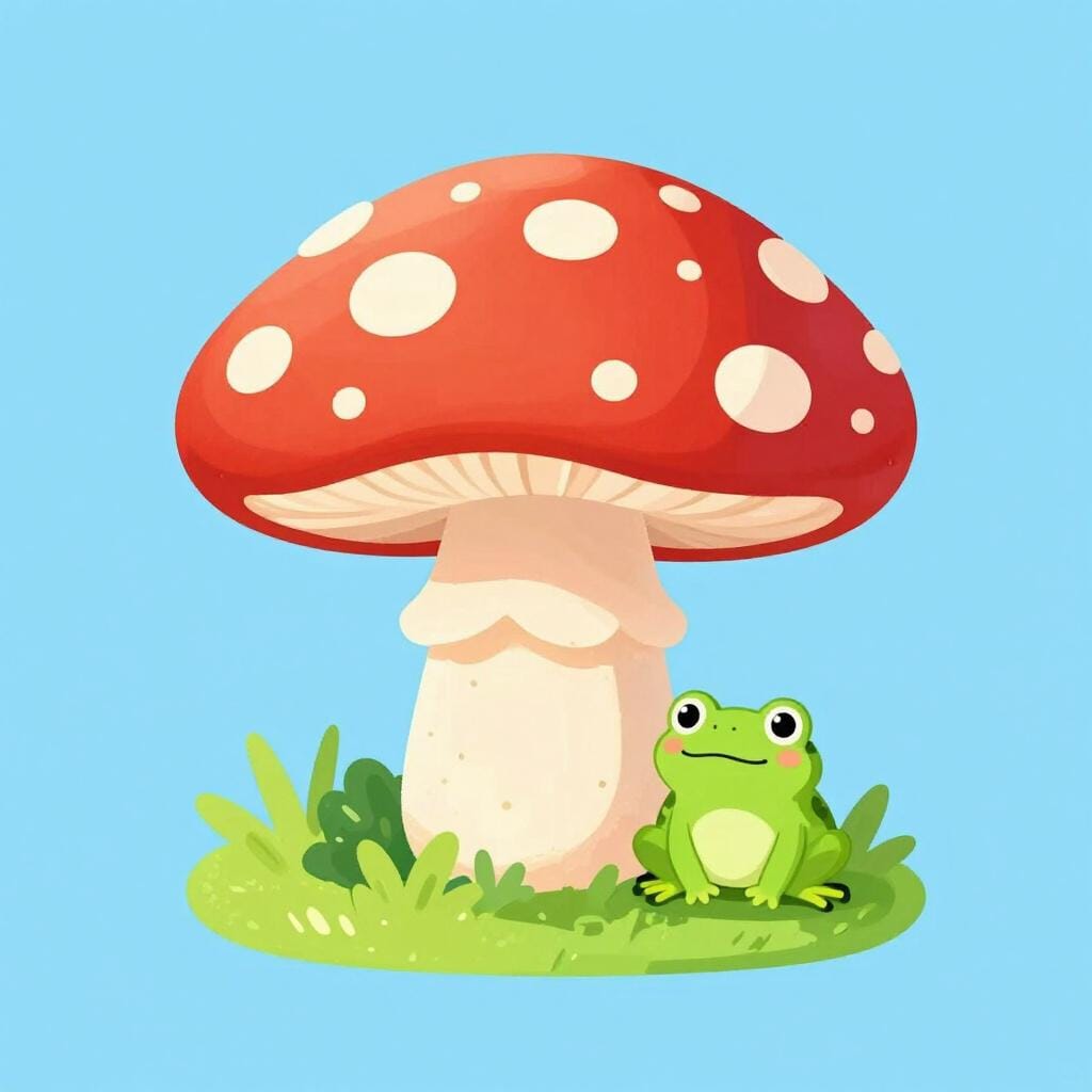 A bright red mushroom with white spots growing in green grass.