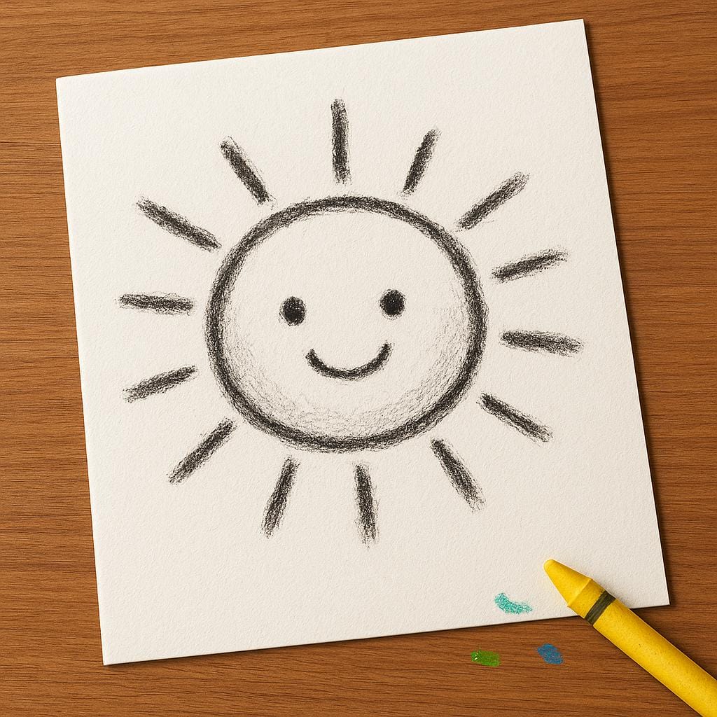 A simple line drawing of a smiling sun on a piece of white paper, made with a black charcoal pencil.