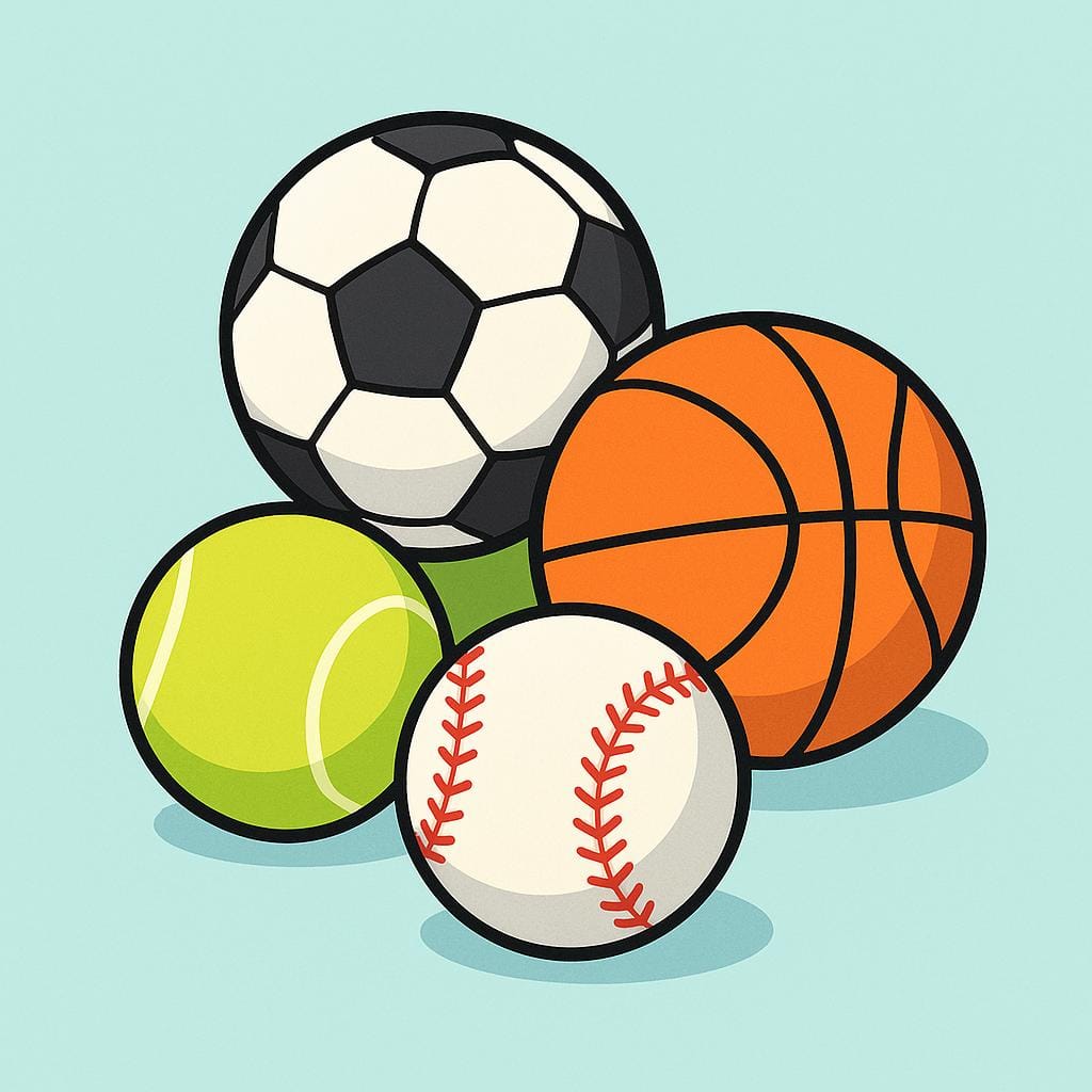 A close-up view of a collection of brightly colored sports balls, including a soccer ball, a basketball, and several tennis balls, lying together.