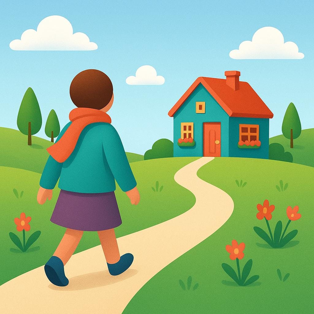 A small figure walking along a winding path, clearly heading back towards a brightly colored, welcoming house nestled among green hills.