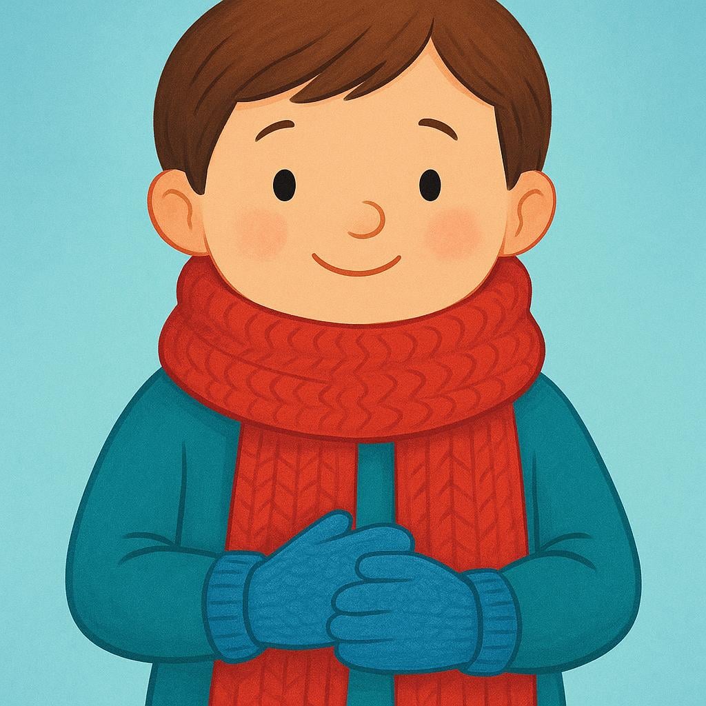 A person smiling while wearing a brightly colored, oversized red scarf wrapped around their neck.