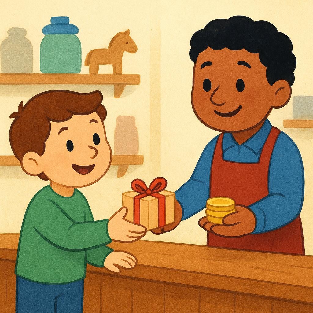 Two stylized figures standing at a counter, one handing a package to the other who is offering coins, representing a business transaction.