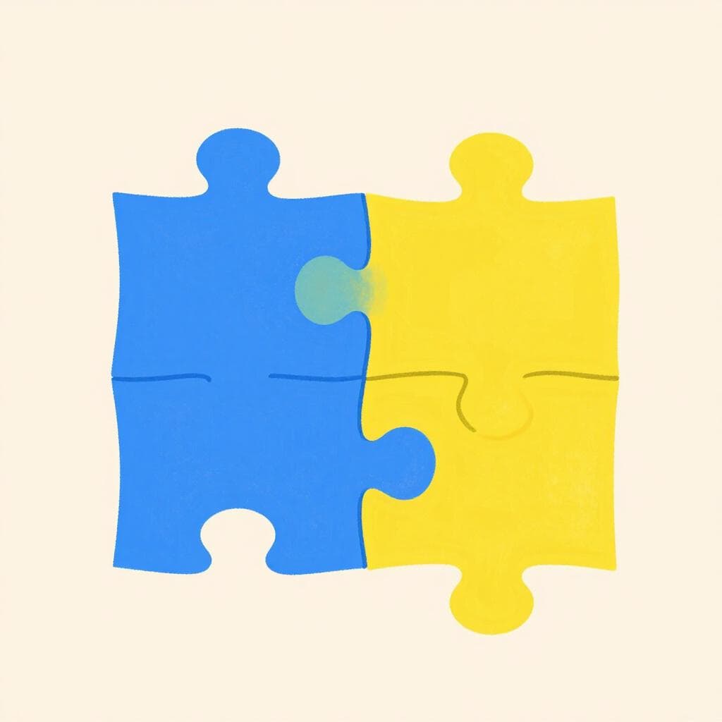 Une illustration colorée de deux formes organiques s'emboîtant parfaitement comme des pièces de puzzle.