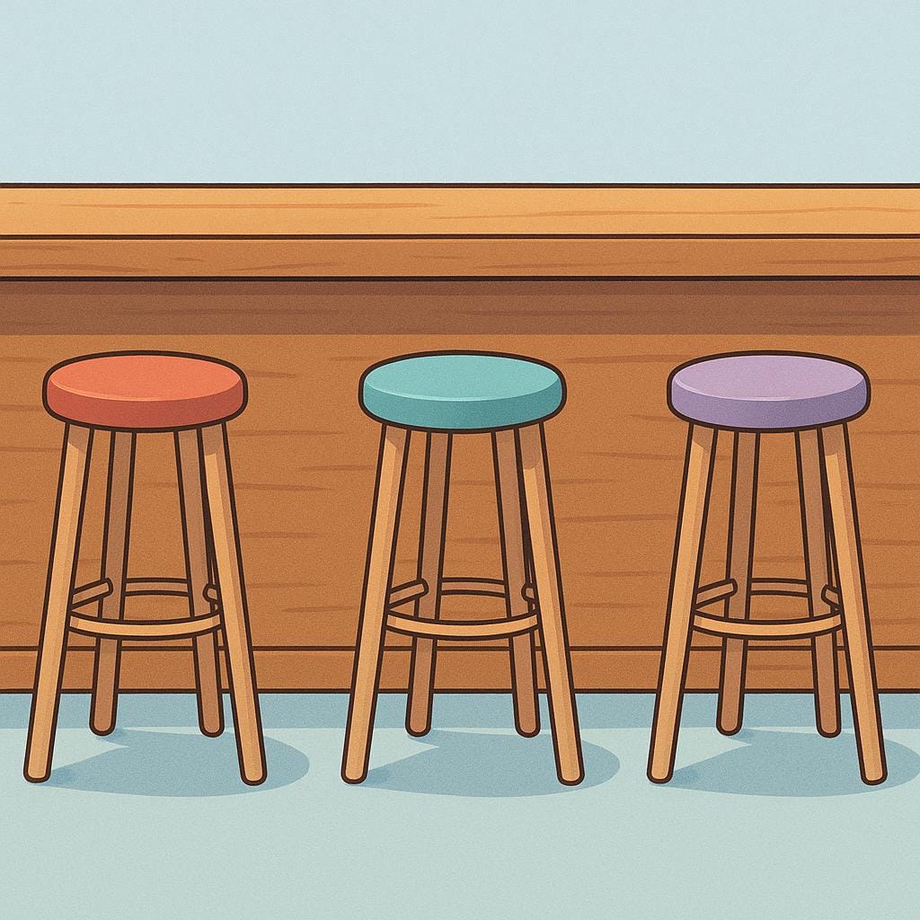 A depiction of a wooden service counter with three empty stools, representing a bar.