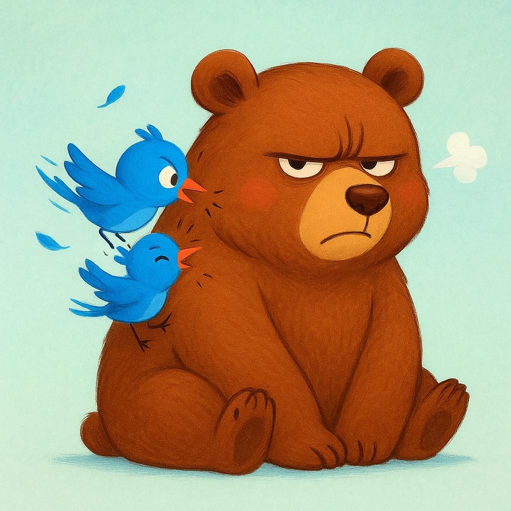 A large, sleepy brown bear trying to rest while a small blue bird pecks persistently at its shoulder, causing visible irritation and a frown on the bear's face.