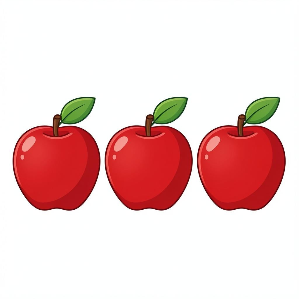 A row of three shiny, bright red apples sitting on a clean surface, looking perfect and delicious.