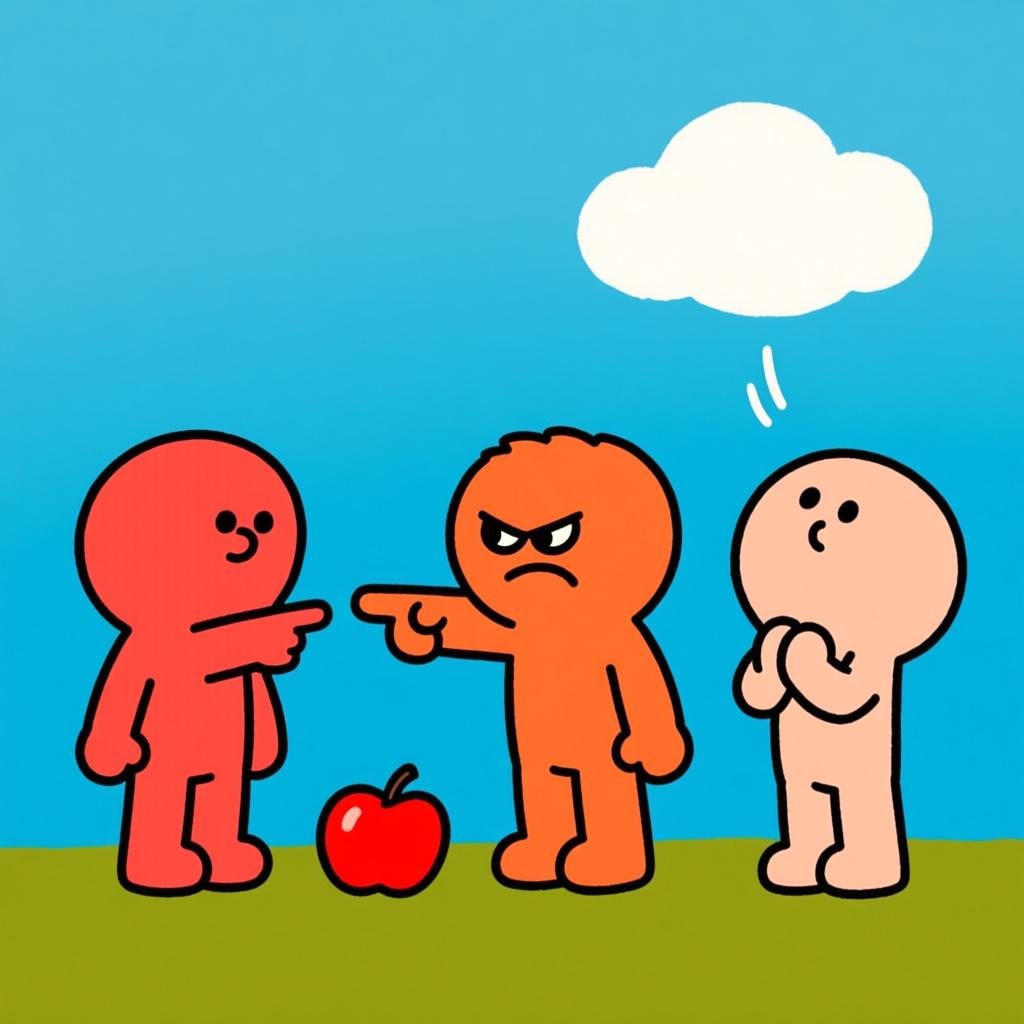 Three small figures representing grammatical moods: one pointing definitively at an apple (fact), one pointing sternly downward (command), and one gazing upward with hopeful, clasped hands (wish/doubt).