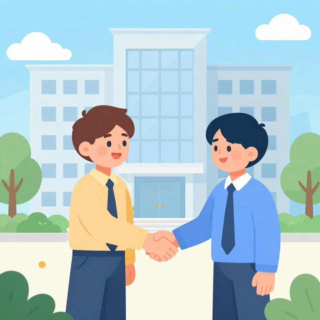 Une personne sympathique en tenue professionnelle souriant et serrant la main d'un nouveau membre de l'équipe devant un immeuble de bureaux.