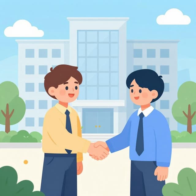 Une personne souriante, vêtue professionnellement, serrant la main d'un nouveau membre de l'équipe devant un immeuble de bureaux.