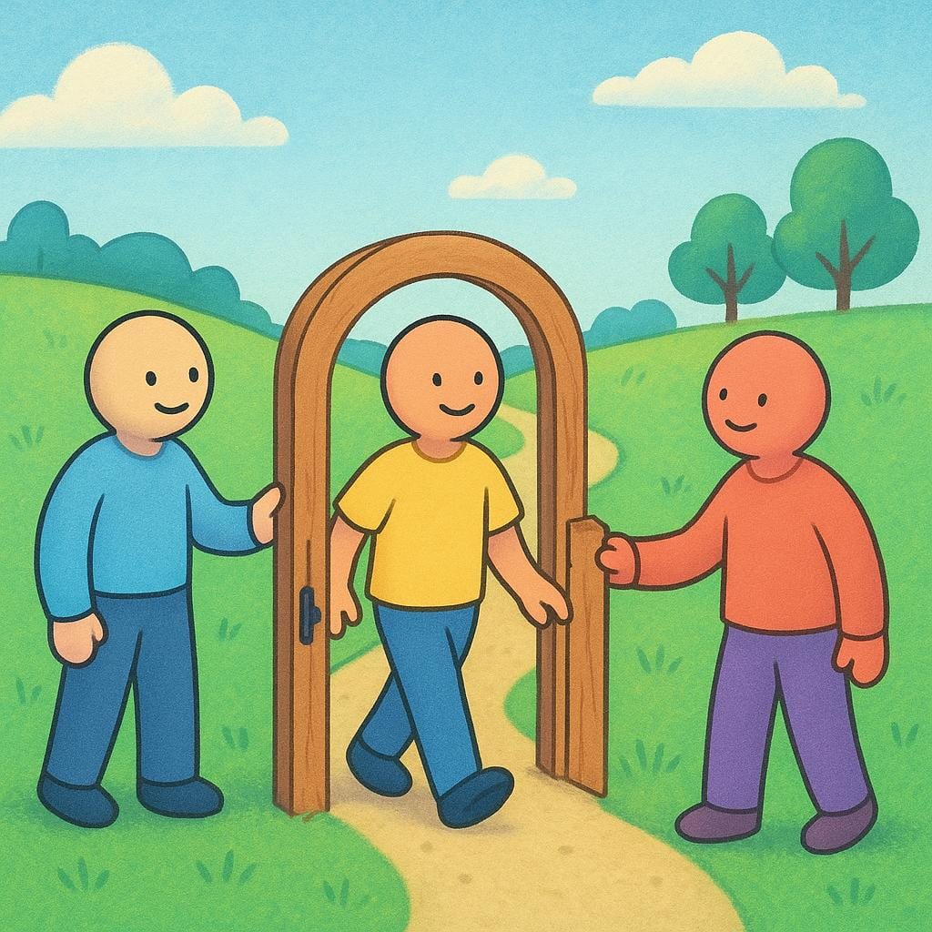 Twee mensen staan aan weerszijden van een houten poort en houden deze open voor een derde persoon die erdoorheen loopt.