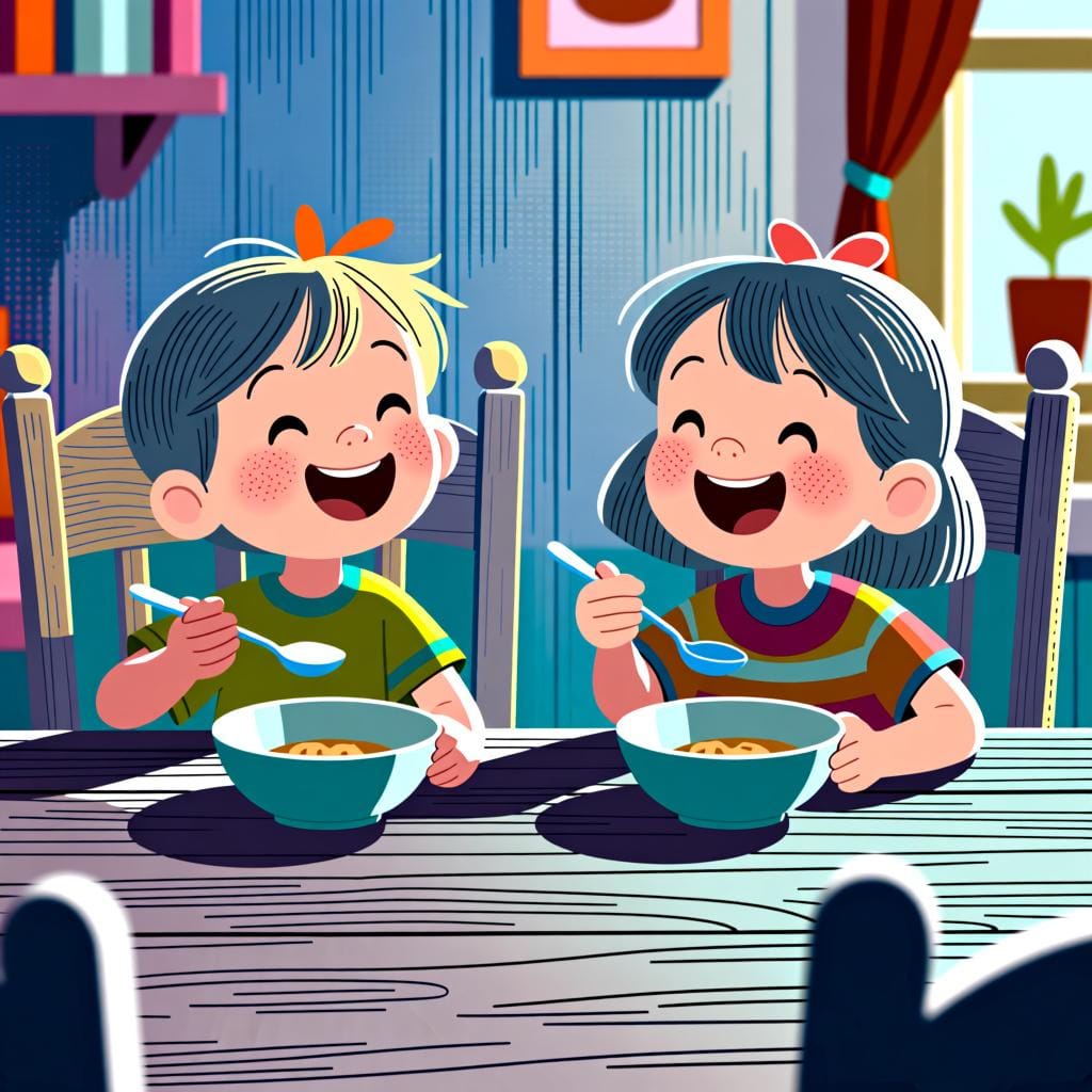 Duas crianças sorridentes sentadas a uma mesa de madeira com tigelas e colheres vazias, mostrando que terminaram de comer com sucesso.