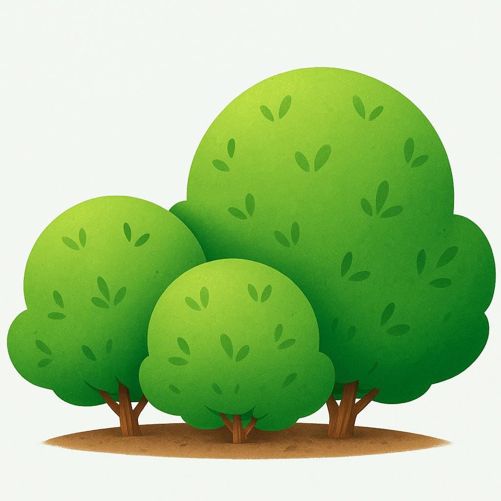 A grouping of three stylized, green, rounded bushes with small visible branches growing from the ground.