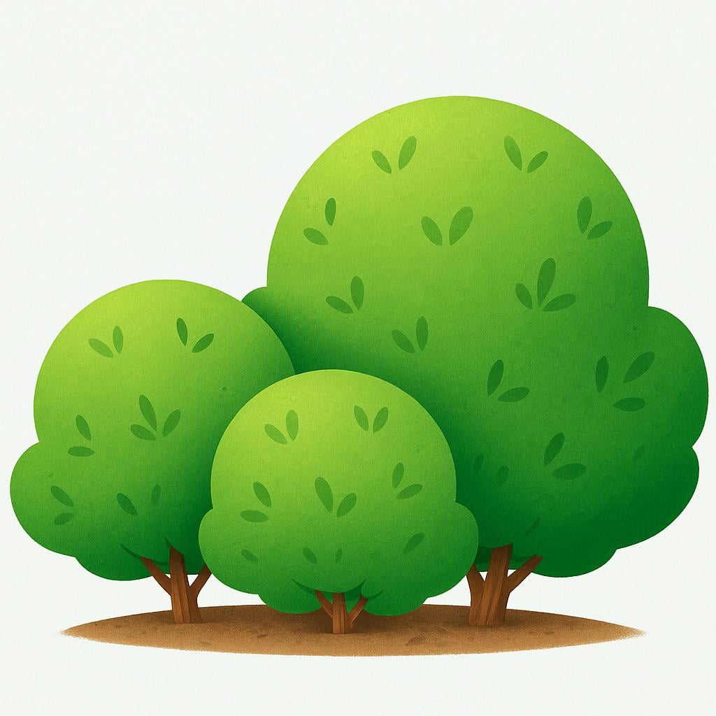 A grouping of three stylized, green, rounded bushes with small visible branches growing from the ground.