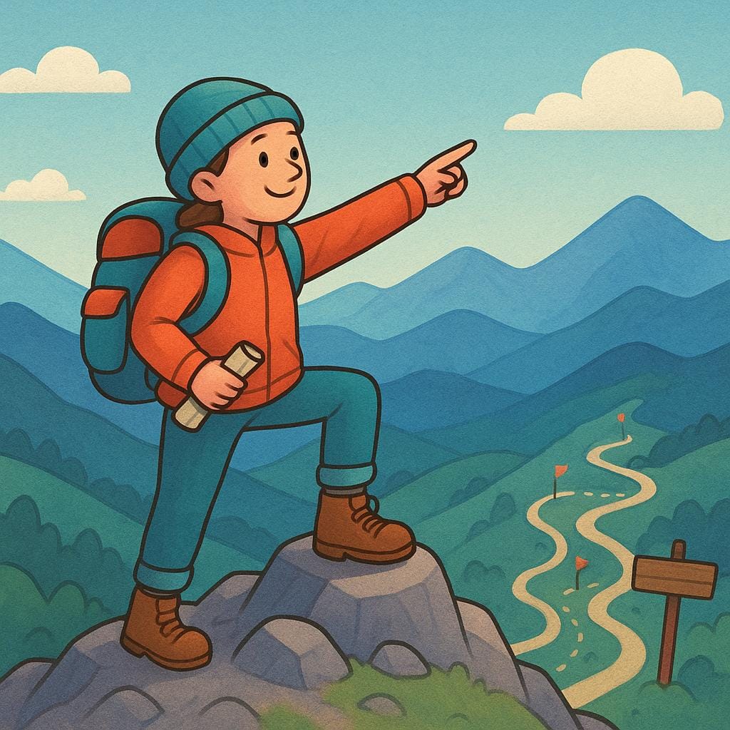 A triumphant hiker standing on a scenic mountain peak, pointing toward the successful path they have completed below, illustrating that the journey was well planned.
