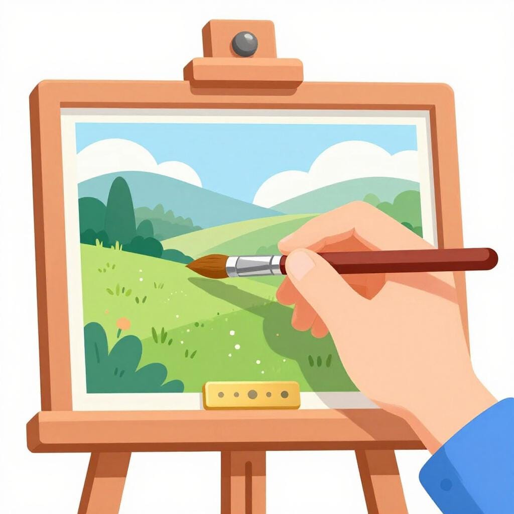 A painter's hand using a brush to finalize a small nameplate at the bottom of a colorful landscape painting.