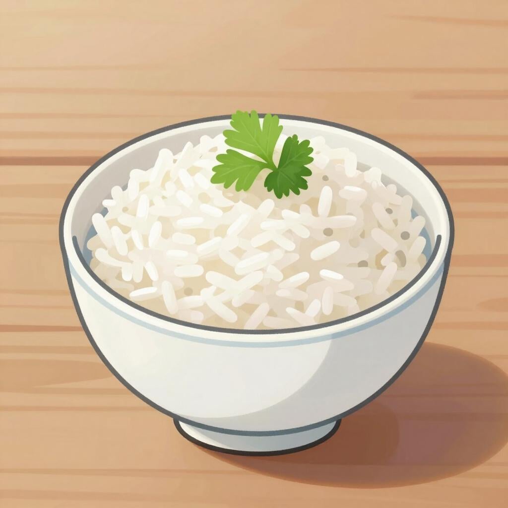 A steaming bowl of simple white rice on a wooden table, looking light and soothing.