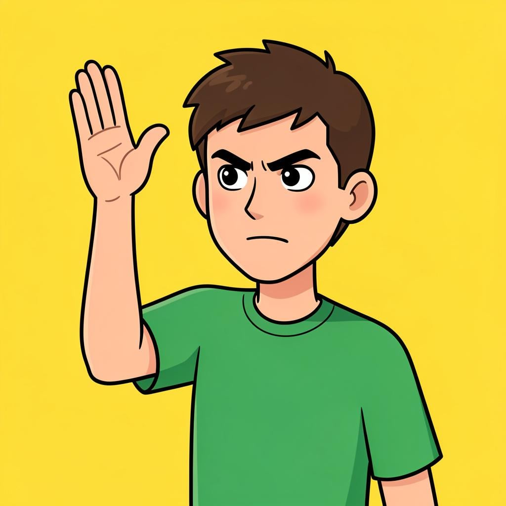 A person raising one hand firmly with a serious expression to make a point.