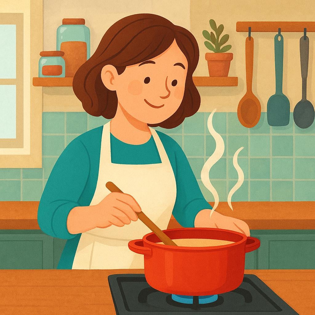 A cheerful woman standing in a warm kitchen, stirring a large pot on the stove.