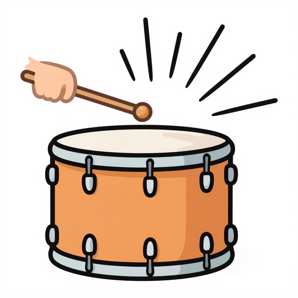 Uma ilustração colorida de um tambor sendo atingido com uma baqueta, mostrando linhas de impacto.
