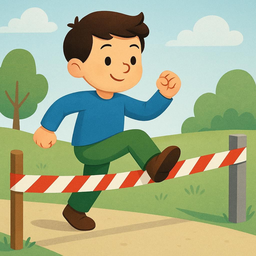 A stylized person stepping deliberately over a conspicuous red and white striped barrier tape, symbolizing breaking a rule or boundary.